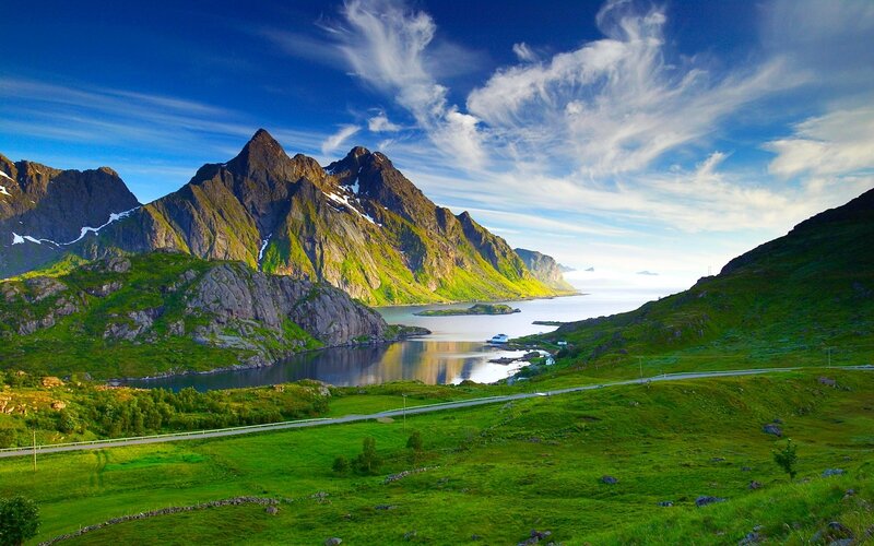 Mountainous Fjord Landscape — Green, Serene, Afternoon