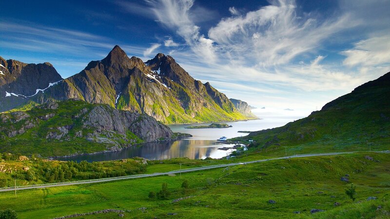 Mountainous Fjord Landscape — Green, Serene, Morning