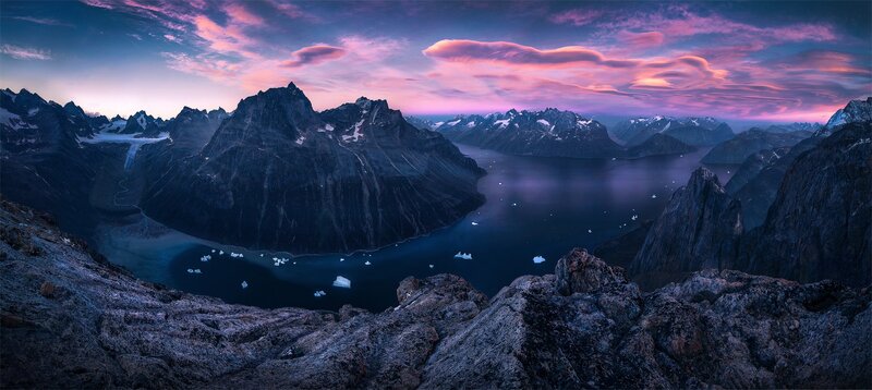 Mountainous Fjord Landscape — Purple, Dramatic, Sunset