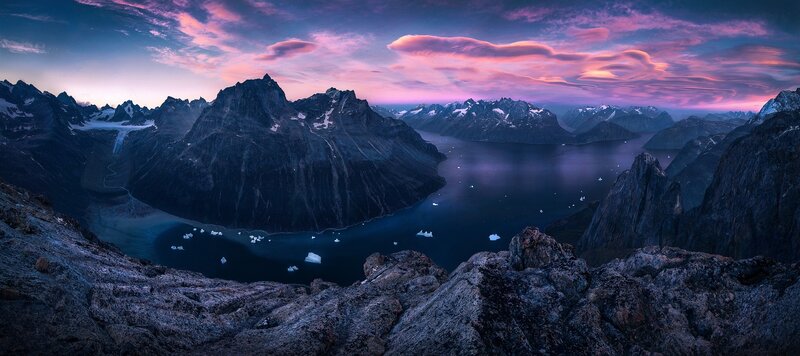 Mountainous Fjord Landscape — Purple, Dramatic