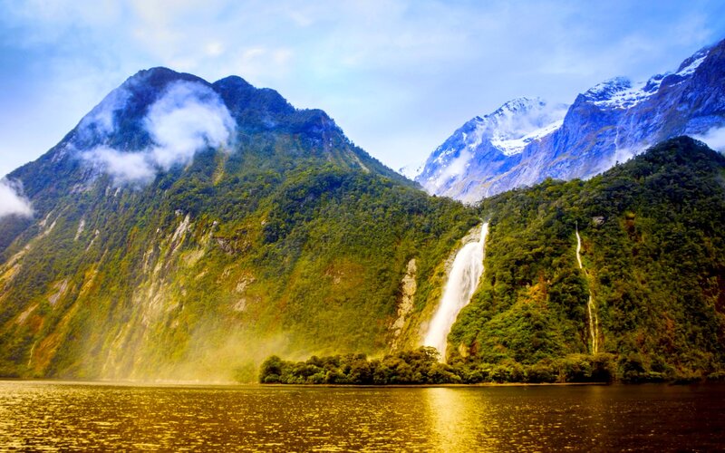 Mountainous Fjord with Waterfall — Green
