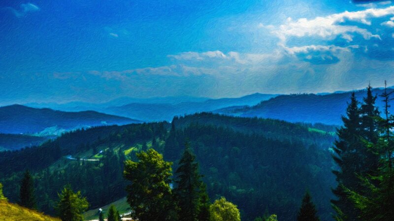 Mountainous Forest Landscape — Blue