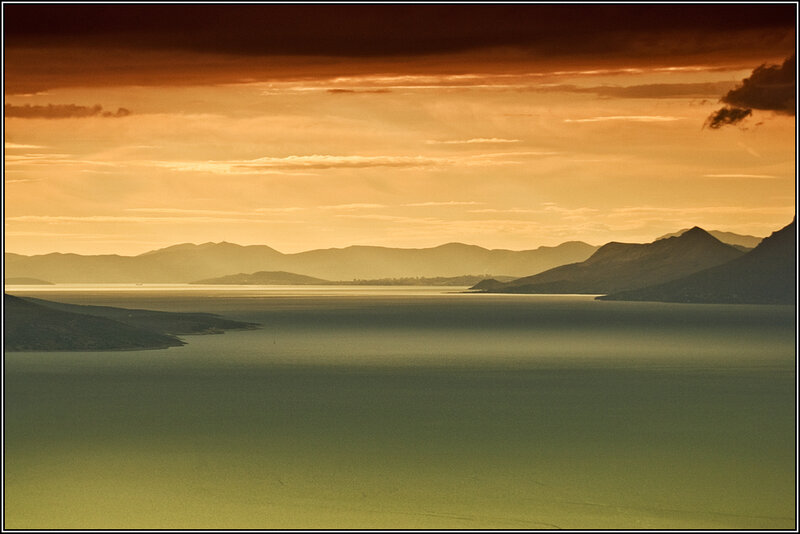 Mountainous Lake at Sunset — Orange