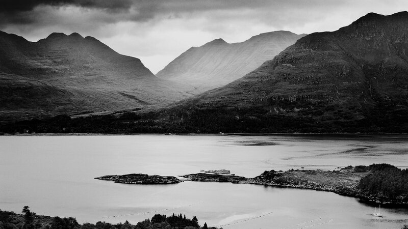 Mountainous Lake Landscape — Black, Dramatic, Photograph