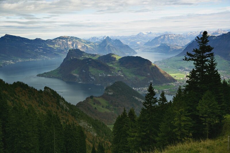 Mountainous Lake Landscape — Green, Serene, Afternoon, Photograph, Mountains, Forest