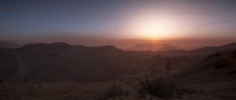 Mountainous Landscape at Sunset — Orange, Serene, 3d Render, Sun