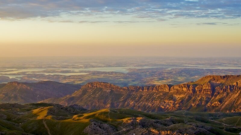Mountainous Landscape at Sunset — Orange, Serene, Photograph