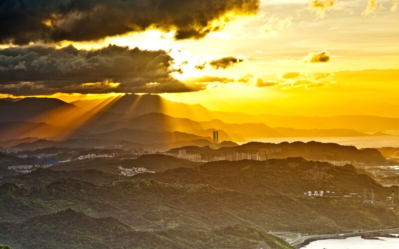 Mountainous Landscape at Sunset — Yellow, Dramatic