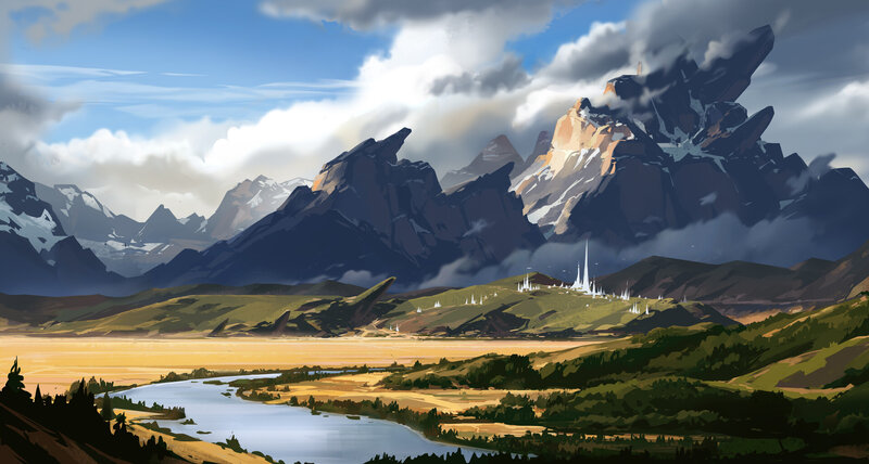 Mountainous Landscape — Blue, Dramatic, Afternoon, Digital Art