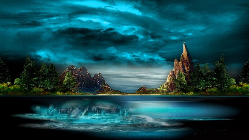 Mountainous Landscape — Blue, Dramatic, Night, Digital Art, Mountains