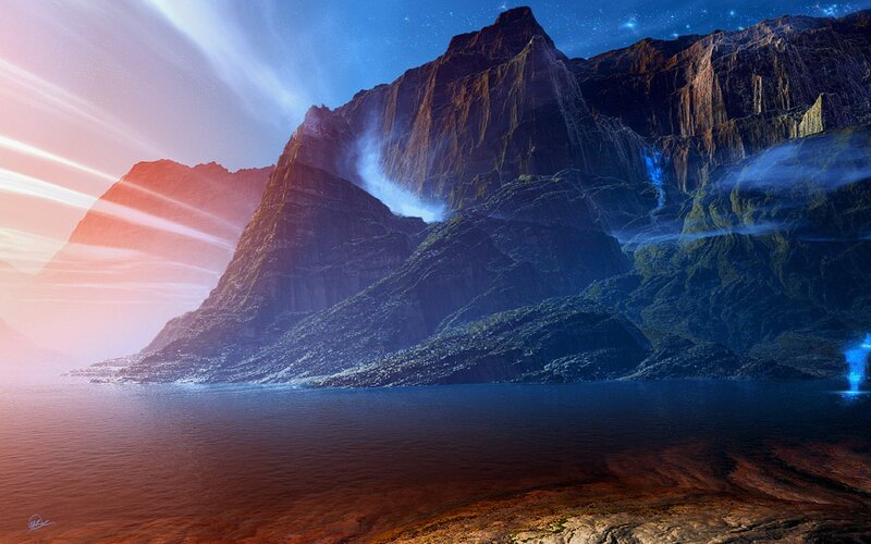 Mountainous Landscape — Blue, Dramatic, Night, Digital Art