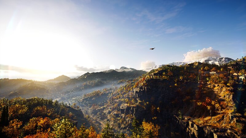Mountainous Landscape — Blue, Serene, Morning, 3d Render, Bird