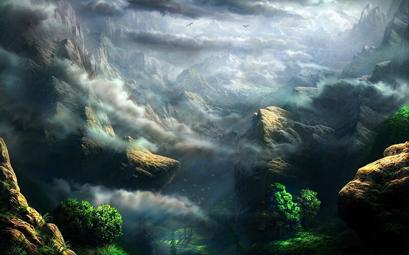 Mountainous Landscape — Green, Dramatic, Digital Art, Clouds, Birds