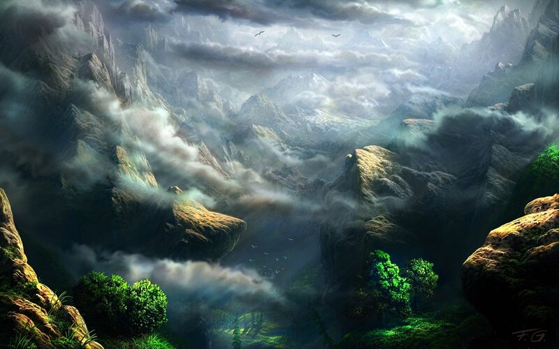 Mountainous Landscape — Green, Dramatic, Digital Art, Clouds