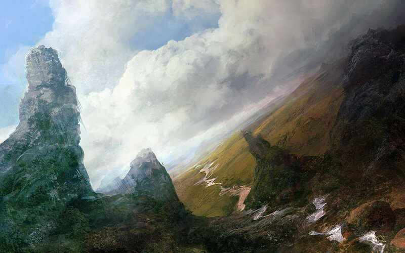 Mountainous Landscape — Green, Dramatic, Digital Art, Clouds, Valley