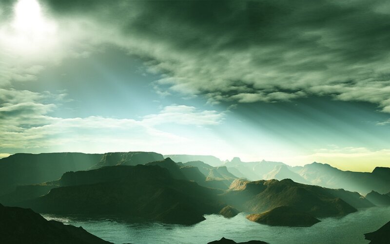 Mountainous Landscape — Green, Dramatic, Morning, Digital Art, Mountains