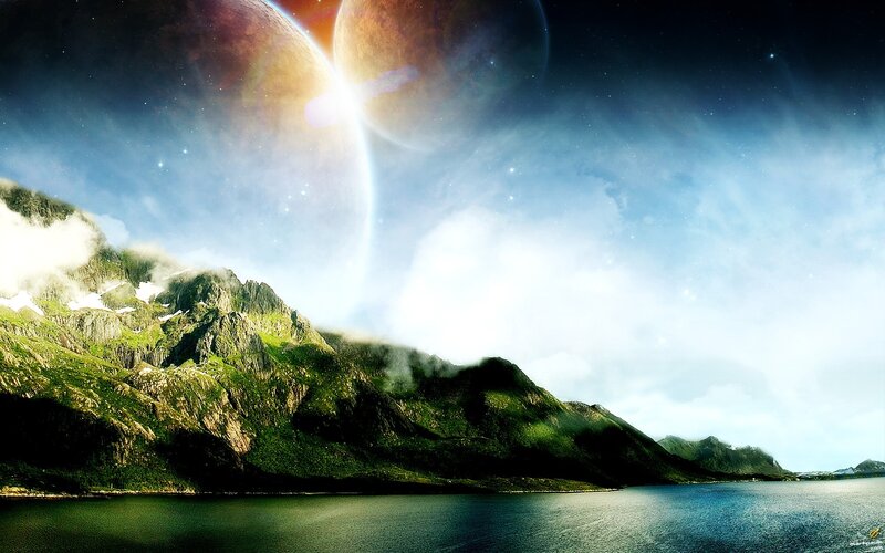 Mountainous Landscape — Green, Dramatic, Night, Digital Art