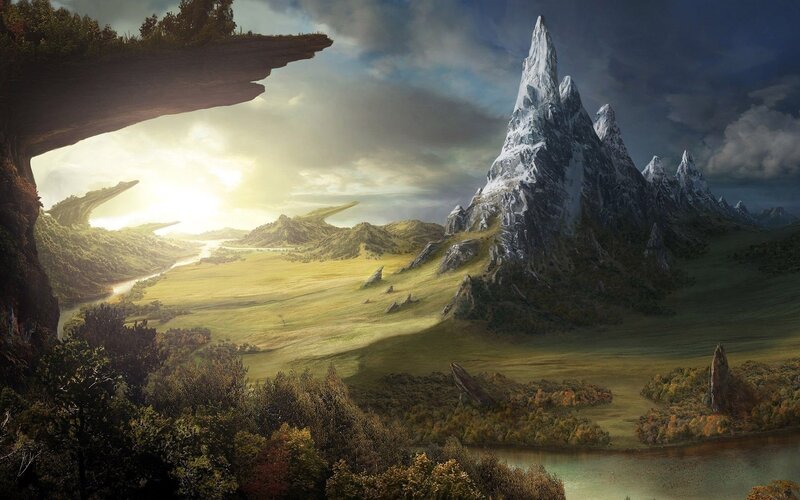 Mountainous Landscape — Green, Dramatic, Sunset, Digital Art, Mountains, River