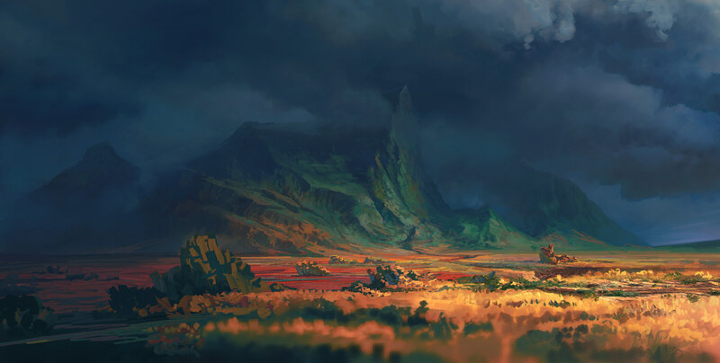 Mountainous Landscape — Green, Dramatic, Sunset, Digital Art, Mountains