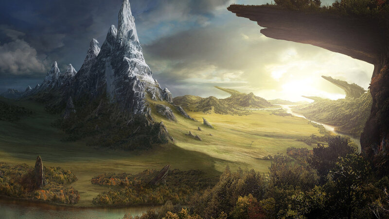 Mountainous Landscape — Green, Dramatic, Sunset, Digital Art