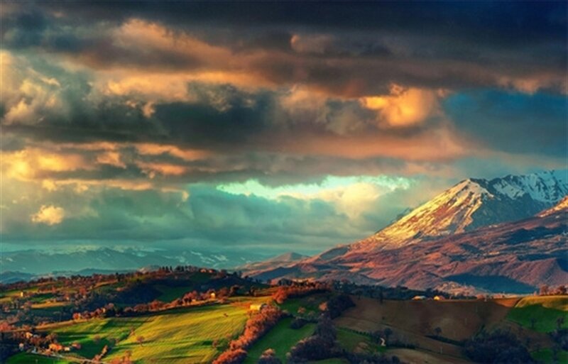 Mountainous Landscape — Green, Dramatic, Sunset, Photograph, Mountains, Clouds, Fields