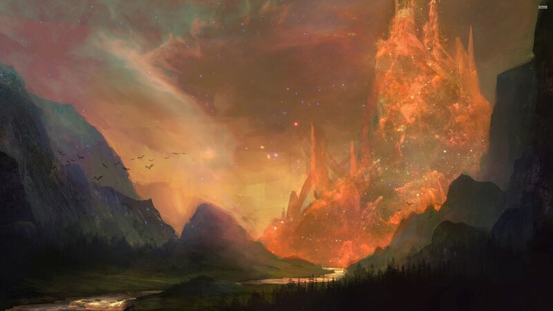 Mountainous Landscape — Orange, Dramatic, Night