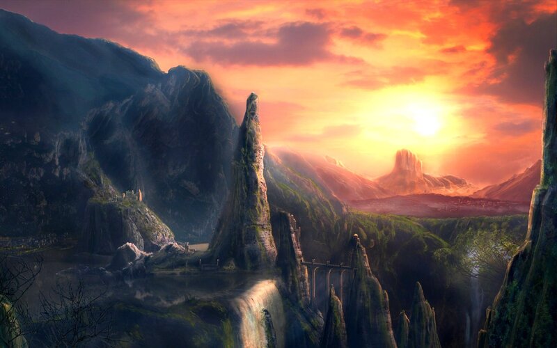 Mountainous Landscape — Orange, Dramatic, Sunset, Digital Art, Castle, Bridge