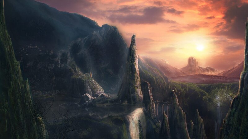 Mountainous Landscape — Orange, Dramatic, Sunset, Digital Art, Mountains, Waterfall, Bridge