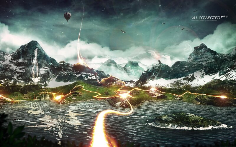 Mountainous Landscape with Lake — Green, Dramatic, Digital Art