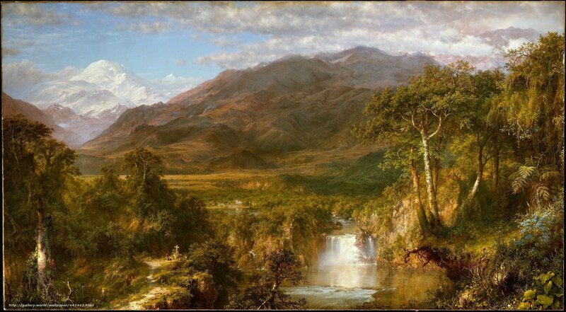 Mountainous Landscape with Waterfall