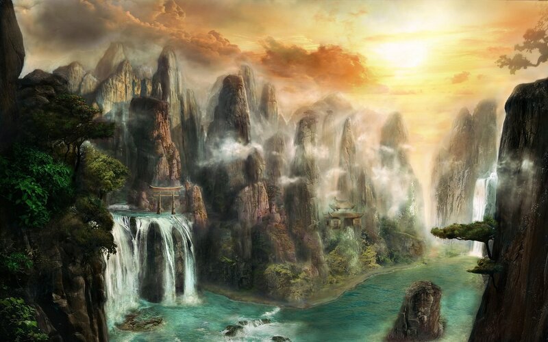 Mountainous Landscape with Waterfalls — Orange, Dramatic