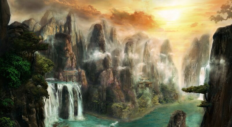 Mountainous Landscape with Waterfalls — Orange