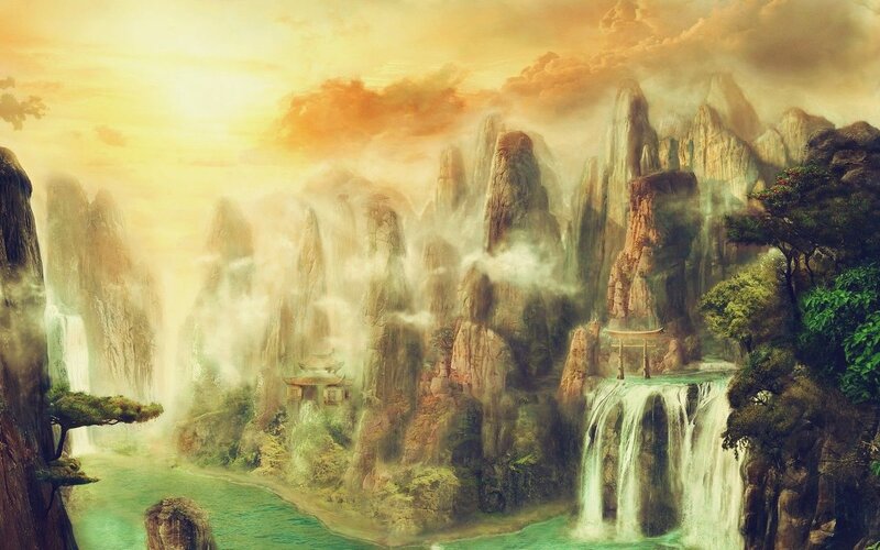 Mountainous Landscape with Waterfalls