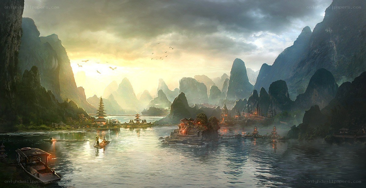 Mountainous river landscape at dawn