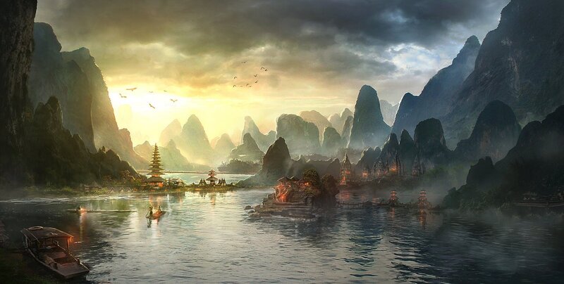 Mountainous river landscape at sunset