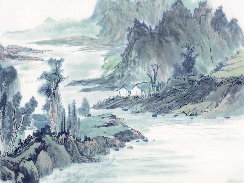 Mountainous River Landscape — Green, Serene