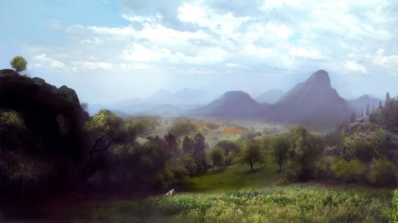 Mountainous Valley Landscape — Green, Serene, Afternoon, Digital Art, Mountains