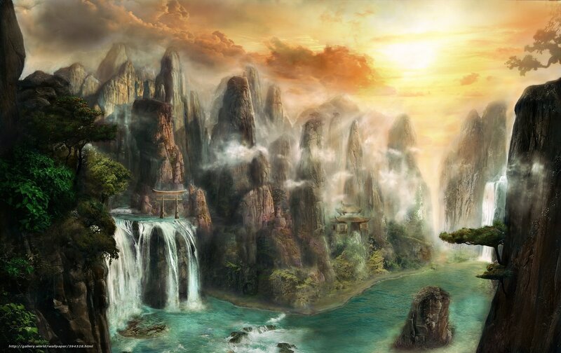 Mountainous Waterfall Landscape — Orange, Dramatic