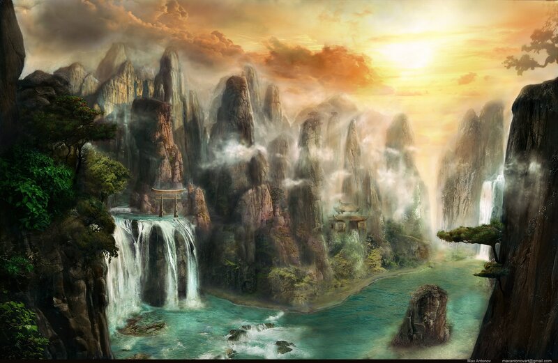 Mountainous Waterfall Landscape — Orange, Serene, Sunset