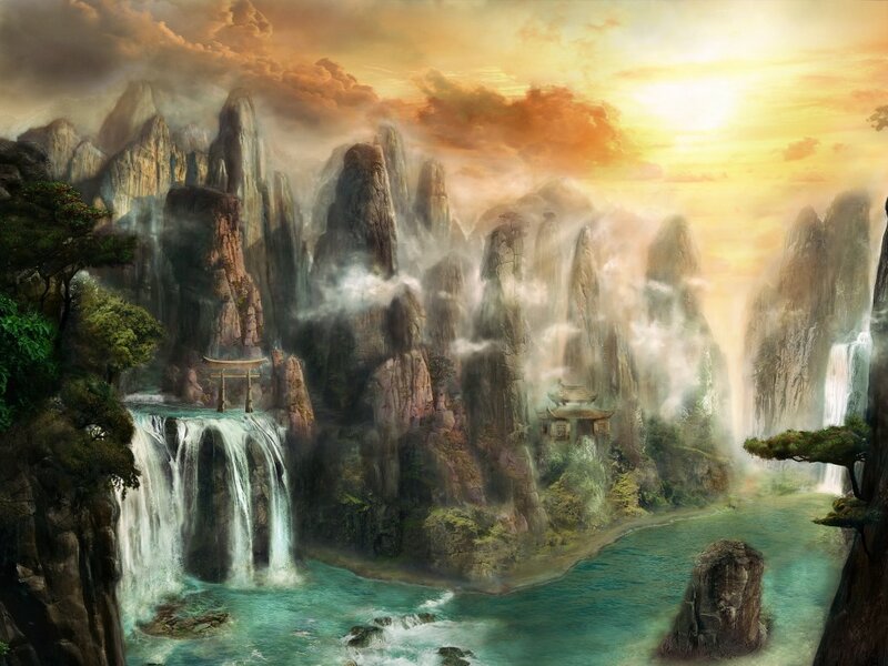 Mountainous Waterfall Landscape — Orange