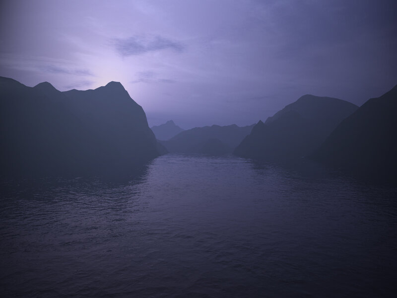 mountainous waterway at dusk
