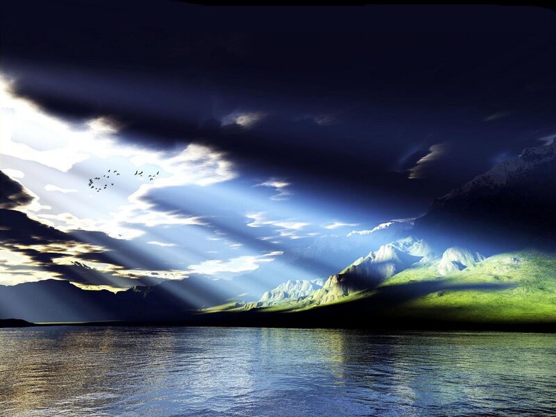 Mountains and Lake at Dawn — Blue, Dramatic