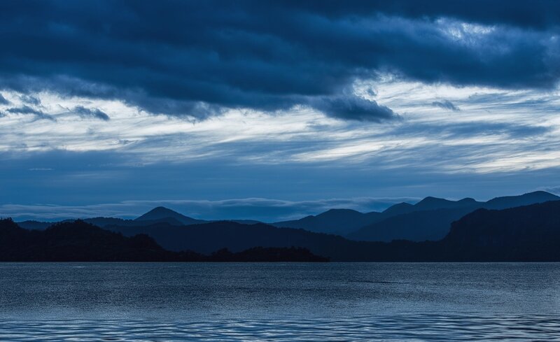 Mountains and Lake at Dusk — Blue
