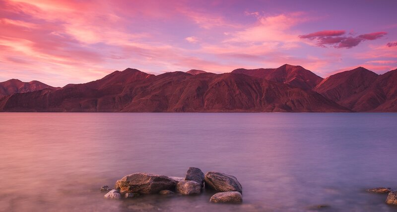 Mountains and Lake at Sunset — Pink