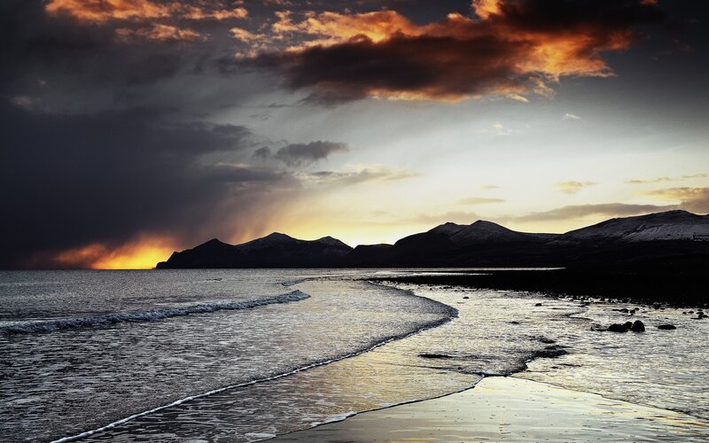 Mountains at Sunset — Orange, Dramatic, Photograph, Sea, Clouds, Beach