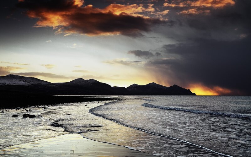 Mountains at Sunset — Orange, Dramatic, Photograph, Sea, Clouds