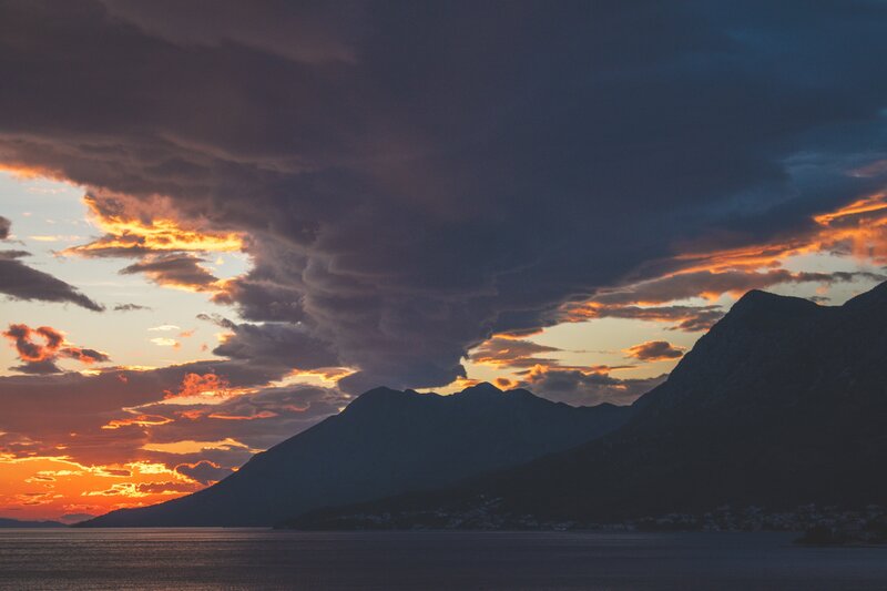 Mountains at Sunset — Orange, Dramatic, Photograph, Sea