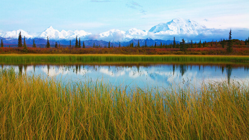 Mountains reflected in a calm lake