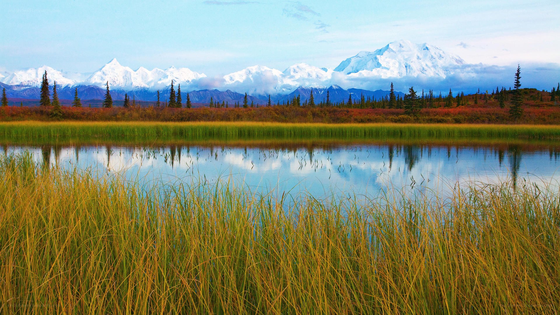 Mountains reflected in a calm lake