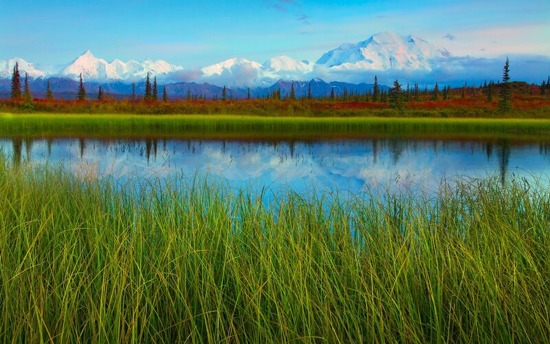 Mountains reflected in a calm lake